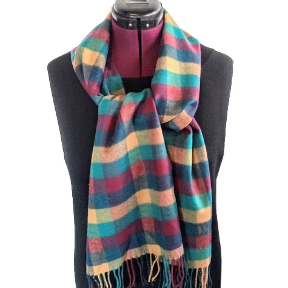 Scottish Plaid 100% Cashmere Fringed Oblong Scarf